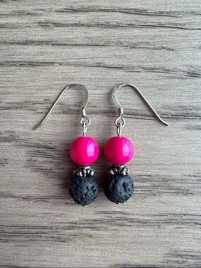Aromatherapy Hot Pink and Black Lava Bead Dangle Earrings